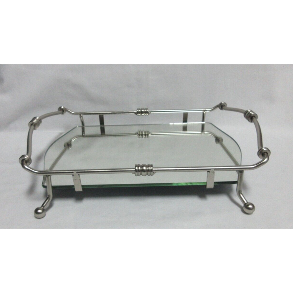 Nickel Tone Metal Rectangle Perfume Vanity Tray with Mirror 11.5" X 8"